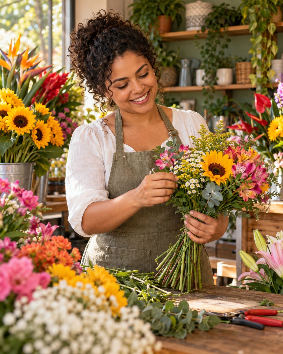 Florista parceira preparando um buquê em sua loja